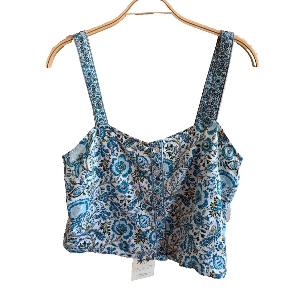 Rachel Zoe 100%‎ Linen Floral Crop Top L Blue Smocked Back Resort Cottage NWT